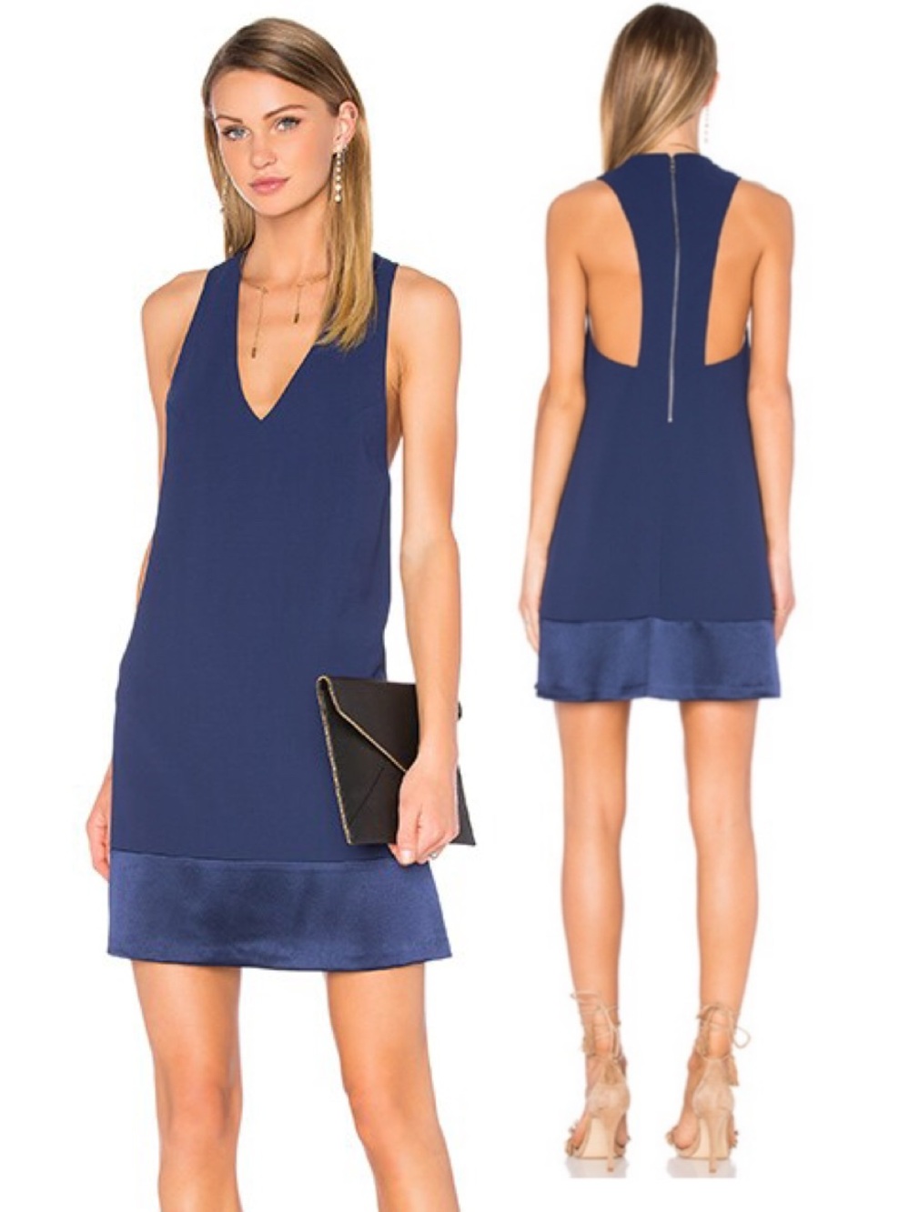 Alice & Olivia Daralee Sleeveless Navy V-Neck Shift Trapeze Dress w/ Satin Hem L